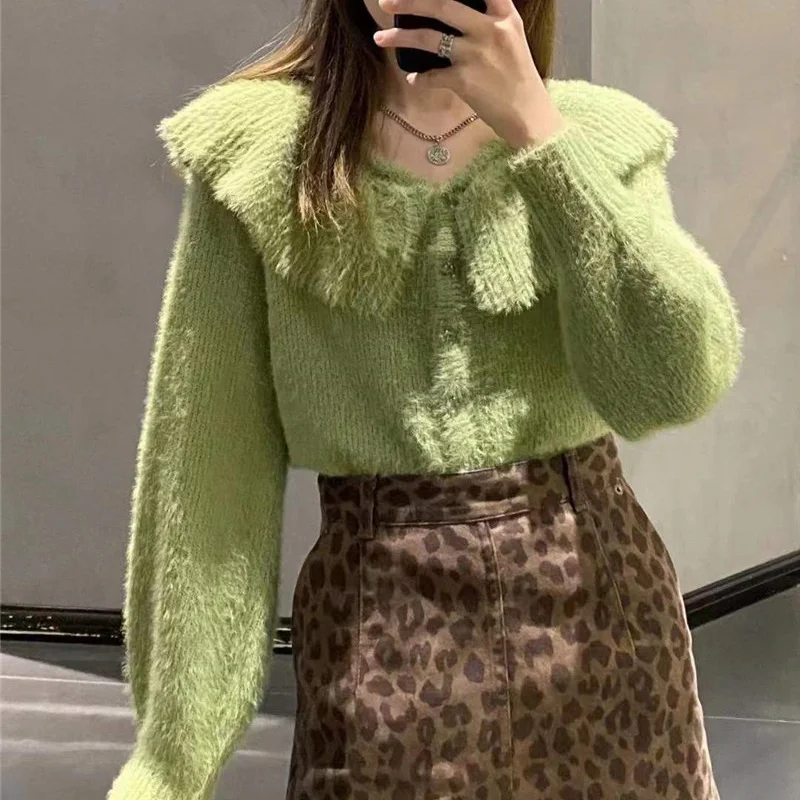 Japanese Women's Clothing 2022 Early Spring New Sweet Sweaters Ruffled Lapels Long Sleeve Button Short Knitted Cardigan