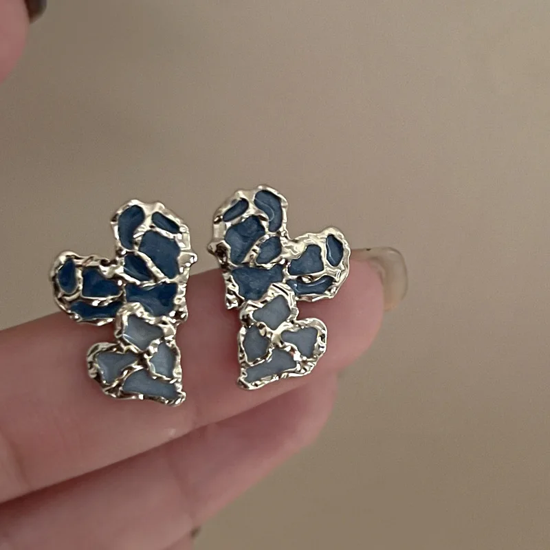 Silver needle haze blue gradient oil drop flower butterfly love earrings temperament high-end earrings