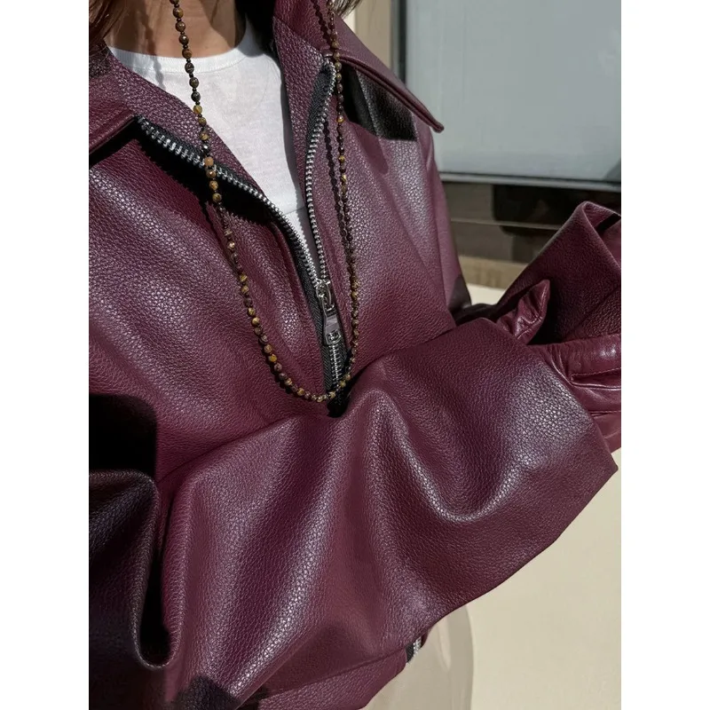 Veste de moto en cuir rouge conventionnels pour femme, manteau élégant, mode de rue, automne et hiver, nouveau haut, 2024