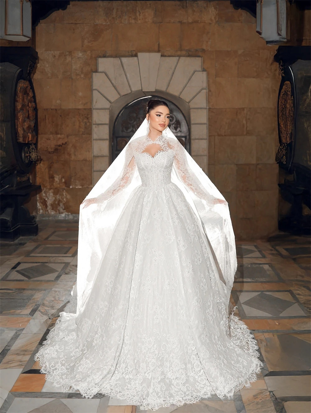 

Customized Elegant White Lace Bridal Gowns Classic O-Neck Long Sleeves Vestido De Novia Soft A-Line Court Train Wedding Dresses