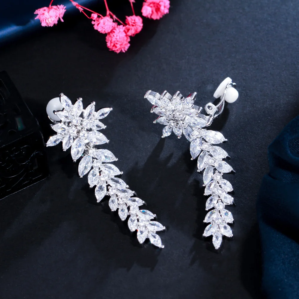 CWWZircons Lange Blatt-Ohrklemme Ohne Ohrloch Zirkonia-Kristallbesatz Damen Hochzeits-Party-Accessoire Großhandel EJ0010 – Detail 5