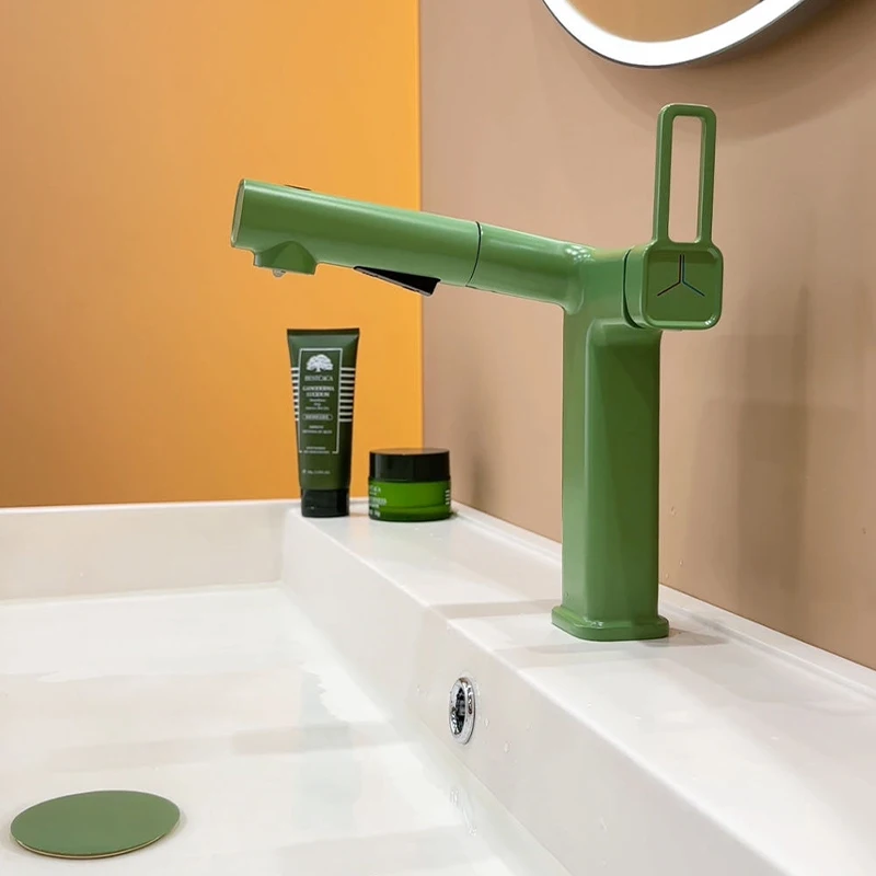 

Bathroom Pull Out Sink Faucets 360° Rotation 3 Modes Lavatory Vanity Sink Faucet One Handle Cold and Cold Mixer Taps Green