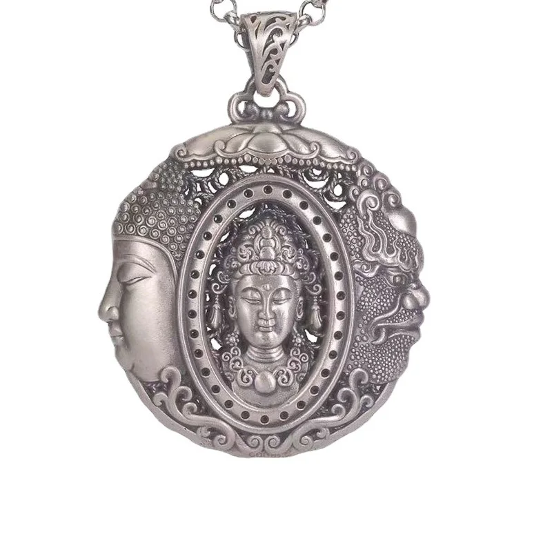 

Real S925 Silver Carved Hollowed Three-faced Buddha Necklaces Pendant for Men Women Male Thai Silver Retro Round Trendy Jewelriy