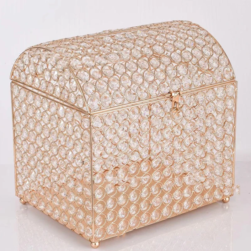 Wedding Card Box Gold Crystal Treasure Chest Rhinestone Money Gift Box Wedding Reception Party Table Centerpiece Decor Box