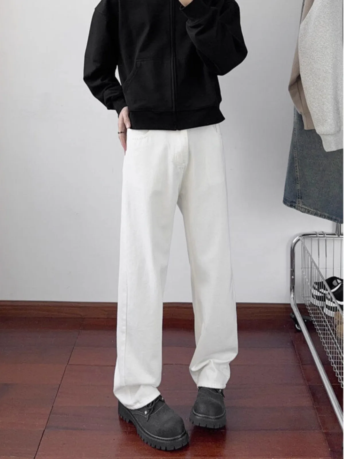 Jeans bianchi americani retrò Jeans da uomo dimagranti a vita alta a gamba dritta Jeans alla moda e in misto cotone e poliestere Haome