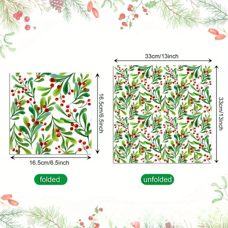 مناديل عيد الميلاد - تصميم 3 طبقات للاستعمال مرة واحدة من التوت والصنوبر مع توت أحمر، لحفلات العطلات وحفلات الزفاف وديكور المنزل