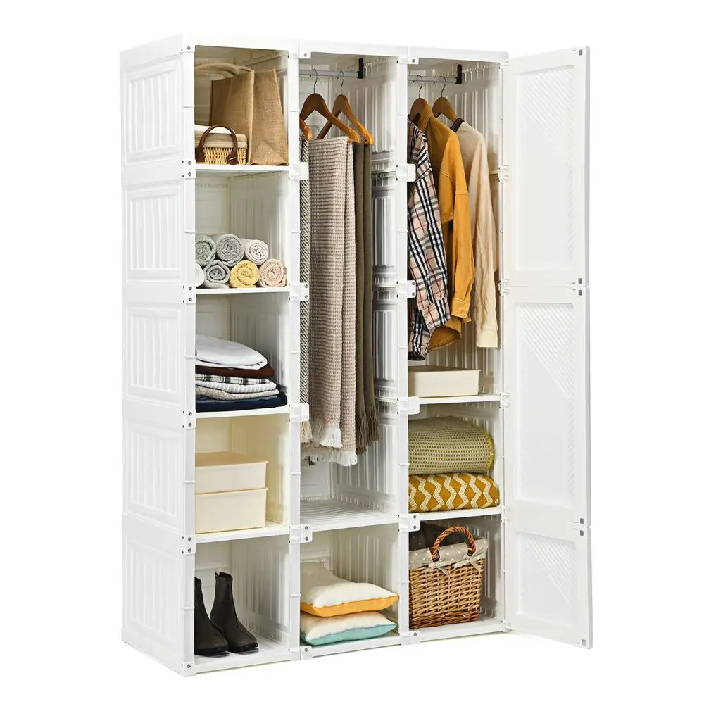 

Portable Closet Wardrobe, Foldable Clothes Organizer with Cubby Storage, Hanging Rods, Easy Assemble Clothing Storage with Magn