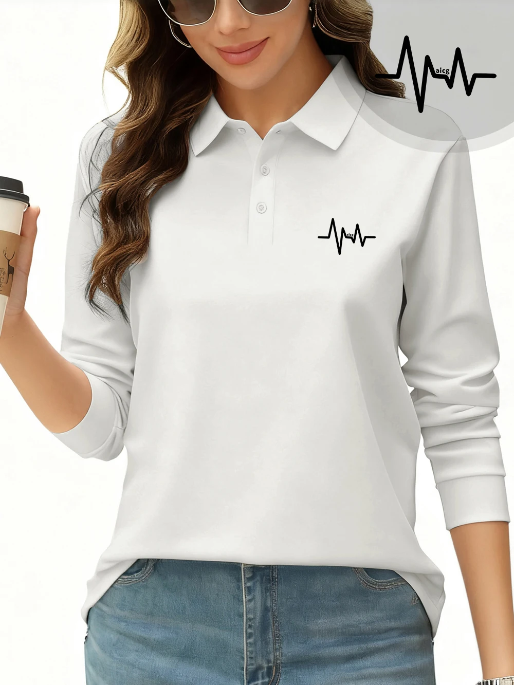 

Simplified Electrocardiogram Prints Polo Shirt Womens Sporty Long Sleeves T-Shirts Autumn Breathable Tops Casual Woman Clothes