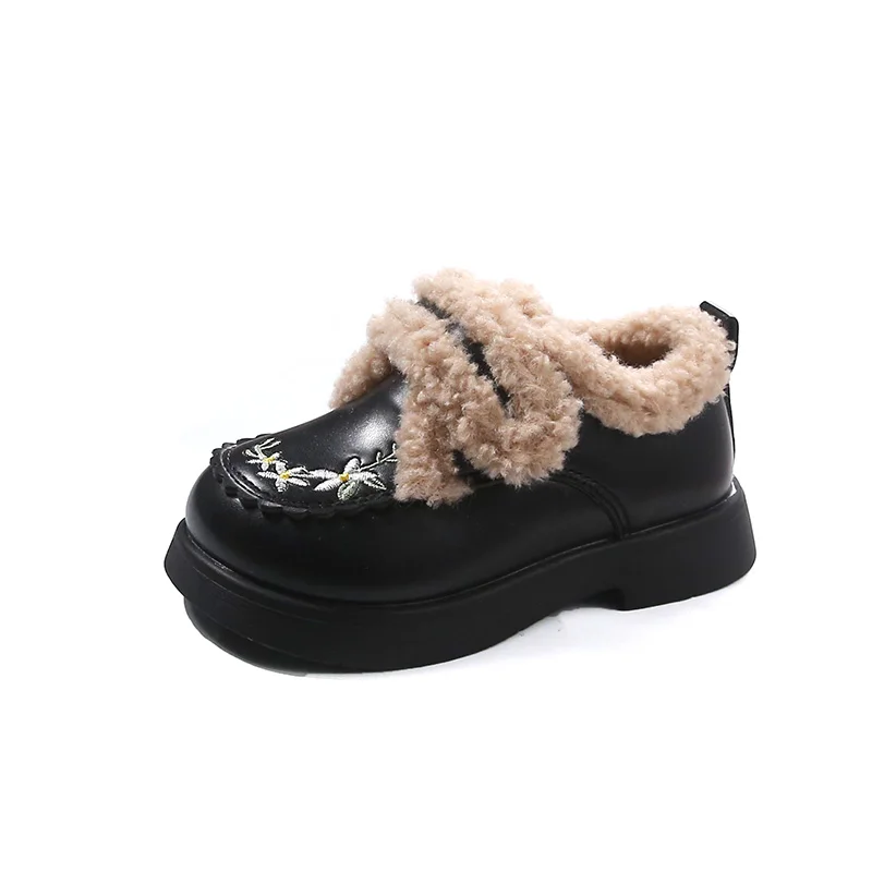 Baby Girls Shoe Child Faux Fur Lined Dress Shoe Princess Ruffle Embroidery Warm Casual Shoe Kids Fashion PU Leather Oxford Flats