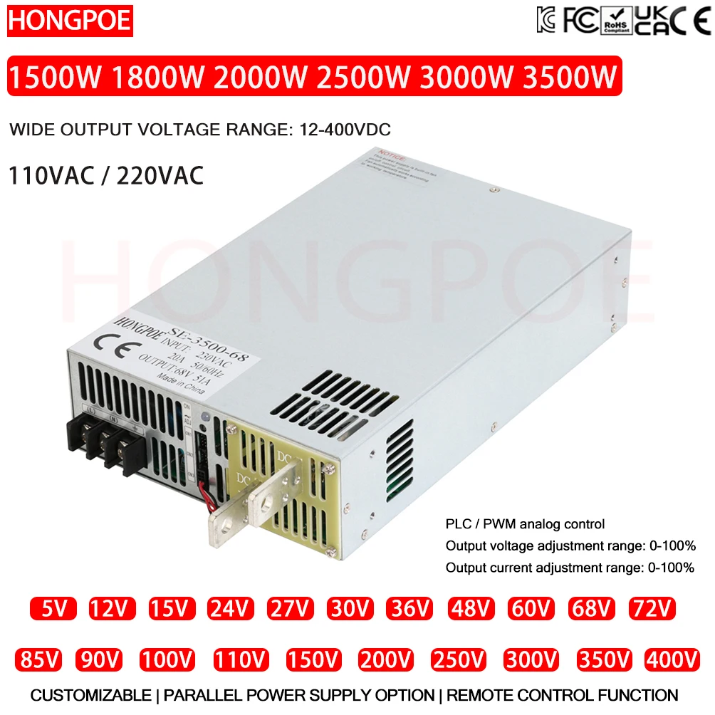 

CE Adjustable DC 5-400V Power Supply 1500/1800/2000/2500/3000/3500W 110/220VAC to DC Supports PLC Control PWM for LED New Energy