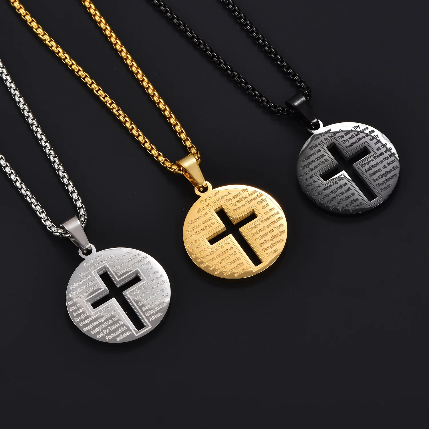 Runde Münzanhänger aus Edelstahl, Hohlkreuz-Halskette, Anhänger, christliche Bibel, Vaterunser-Kette, religiöser Schmuck – Detail 1