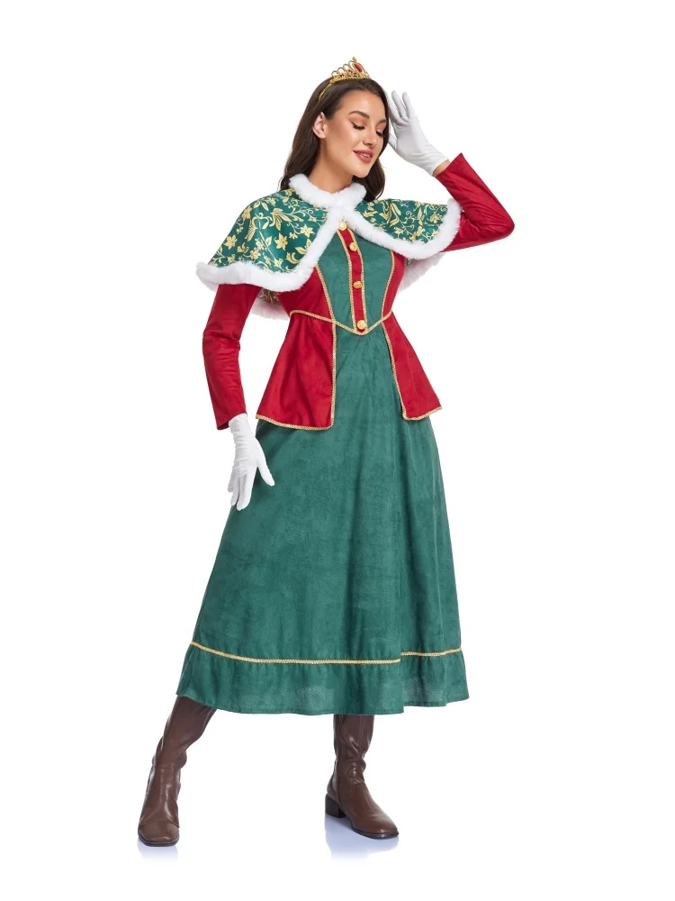 Neues Weihnachtsmann-Neujahrsparty-Kostüm für Damen, Rot-Grünes Kleid mit Umhang, Karnevalskostüm für Bühnenauftritte – Detail 6