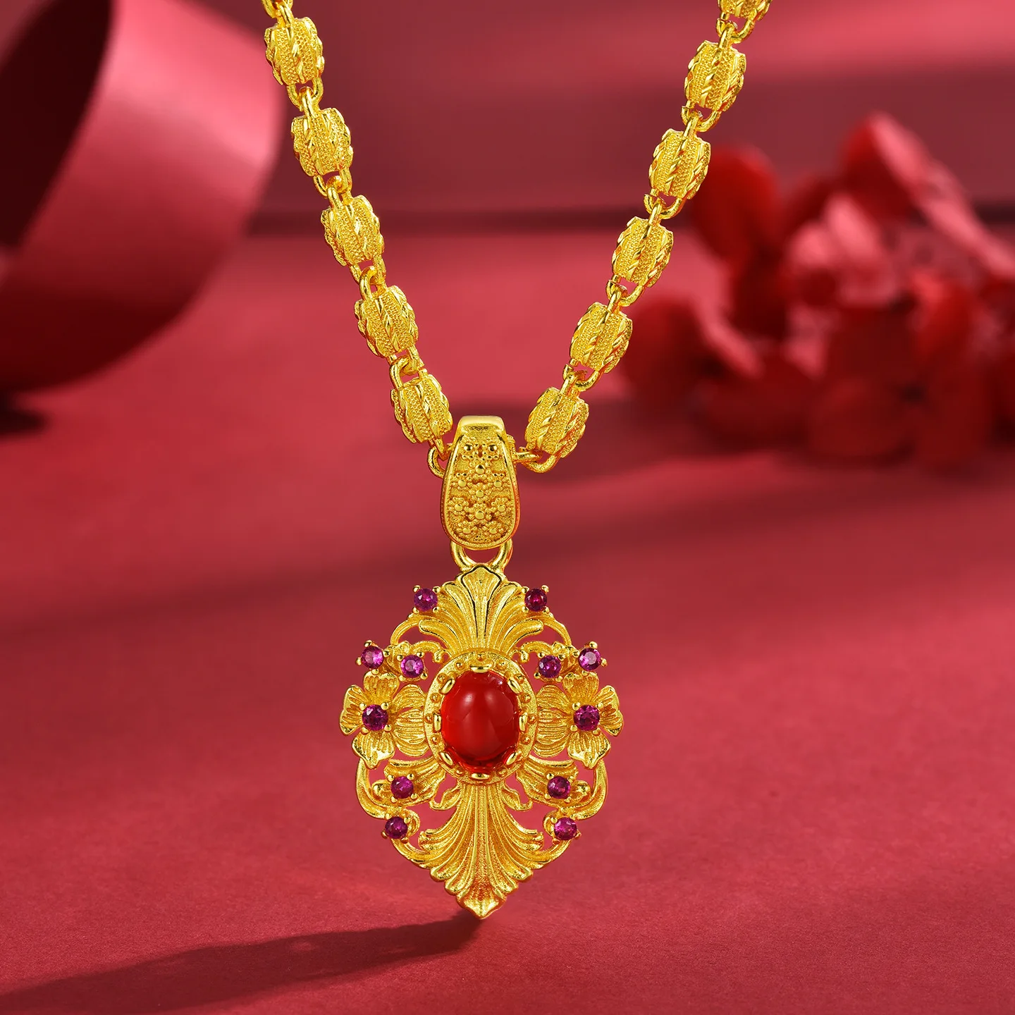 Luxury 9999 24K Solid gold retro wheat ear row diamond pendant necklace for women commuting clavicle chain necklaces for women
