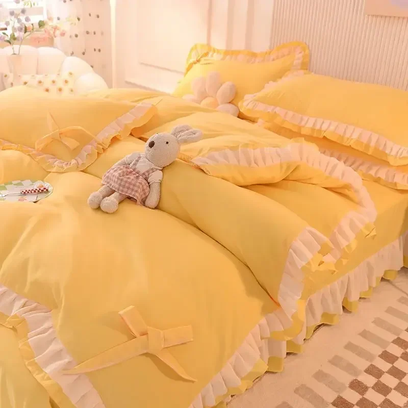 Pink Lace Ruffle Bowknot Duvet Cover Bed Skirt Linens Pillowcases Luxury Bedding Set For Girls Woman Decor Home