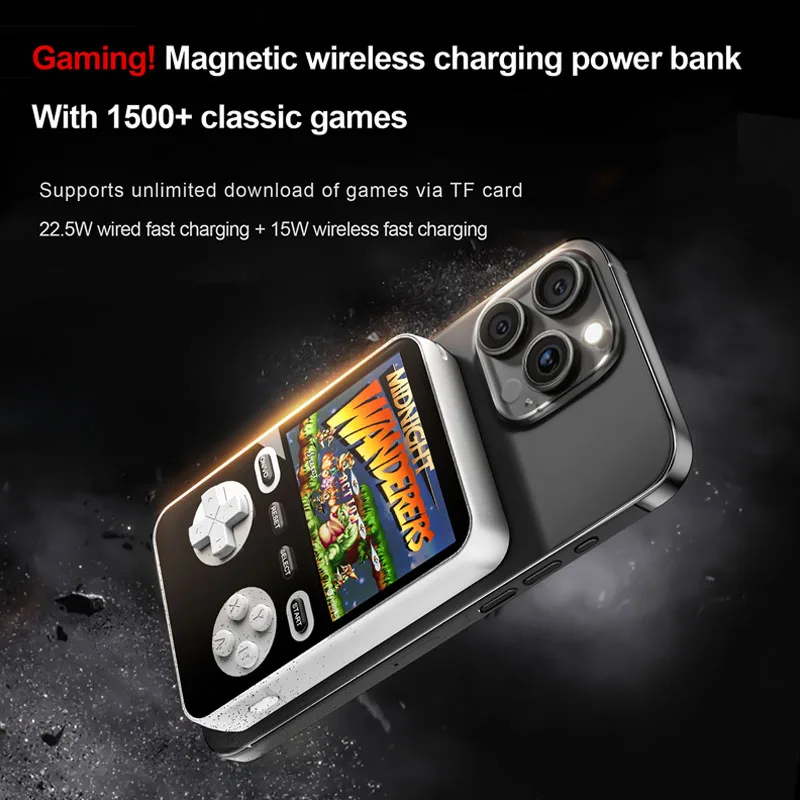 

Gaming Magnetic Wireless Charging Power Bank 1,500 games to play 5000mah For iPhone HUAWEI Can charge wirelessly or wired