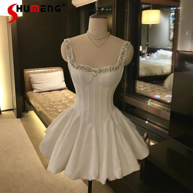 

French Style Princess Sparkling Diamond Black High-End Dress Fishbone Puff Vestidos Y2k Elegant White Sleeveless Slim Dresses