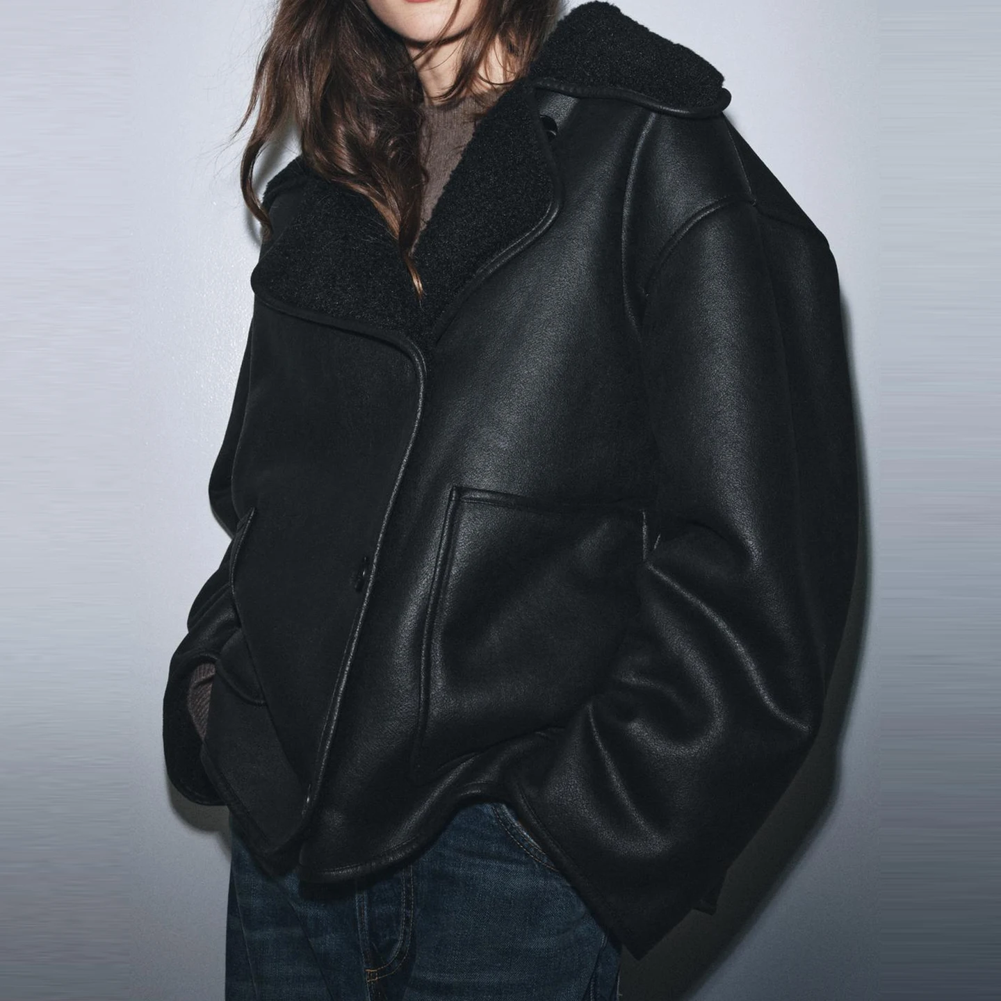 معطف فرو جلدي كاجوال الكل في واحد للنساء من Z للربيع والخريف فضفاض مناسب طويل بأزرار إغلاق #3