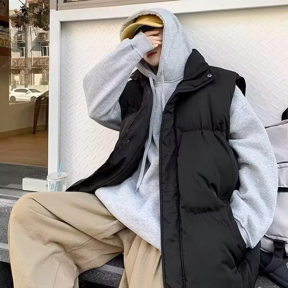Men Thick Warm Stand Collar Sleeveless Vest Solid Color Loose Casual Jacket Outerwear For Spring Daily Office Wear