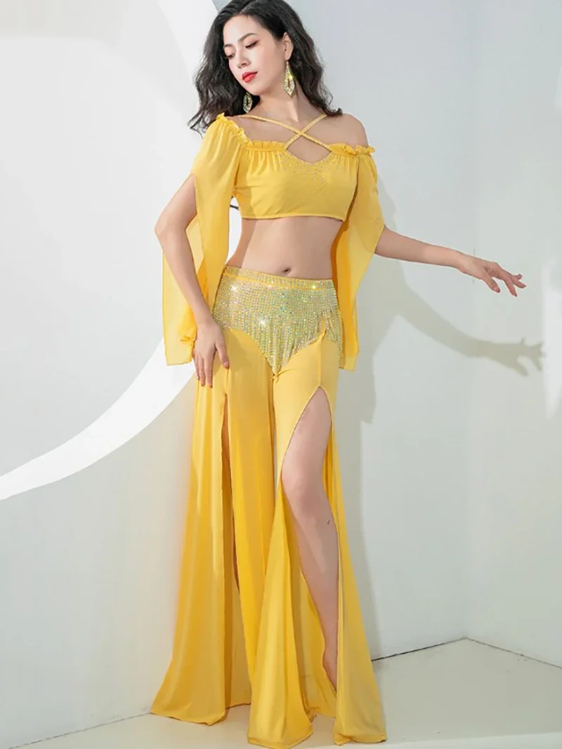 

Women Original Belly Dance Costume Mesh Split Wide Leg Pants Diamond Tassel Practice Dancewear Stage Performance Two Piece Suit
