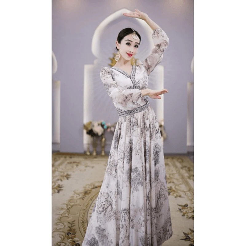 New India Saree Dress Long Sleeve Big Swing Clothes Female Oriental Classical Stage Performance Costume Bollywood Wear DQL10095