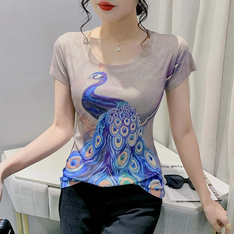 

Faionable ort Sve Printed T-irt Women's Slim Fit Sli Versatile Trendy Top Street Sle Animal Pattern Summer New...