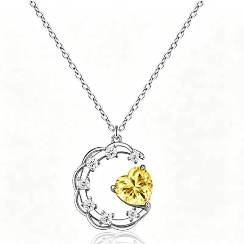 925 Silver Hollow Moon Heart Pendant Necklace Round Cut D VVS1 Moissanite Romantic Anniversary Gift Fine Jewelry For Women