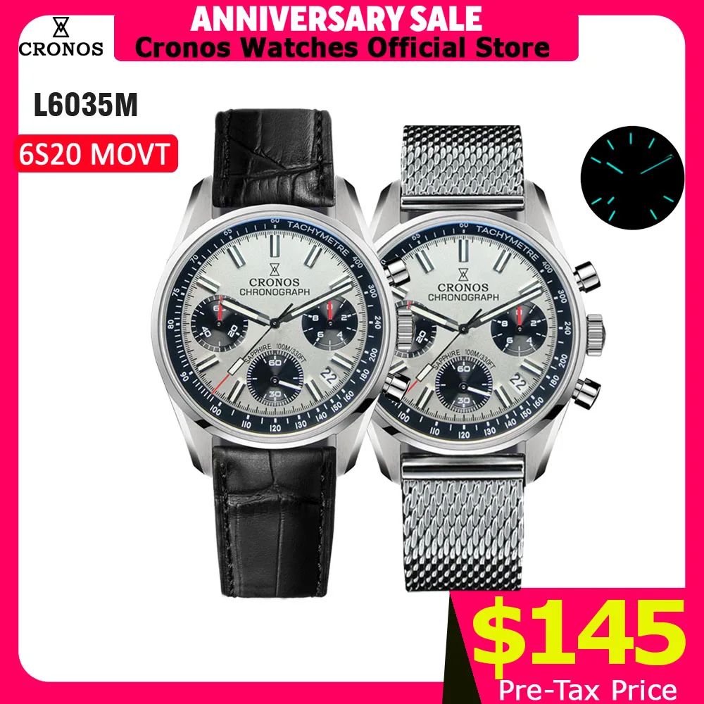 Cronos Chronograph Quartz Men Watch Miyota S620 Black&White Panda Dial Sapphire 10 ATM Tachymetre Leather Strap