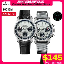 Cronos Chronograph Quartz Men Watch Miyota S620 Black&White Panda Dial Sapphire 10 ATM Tachymetre Leather Strap