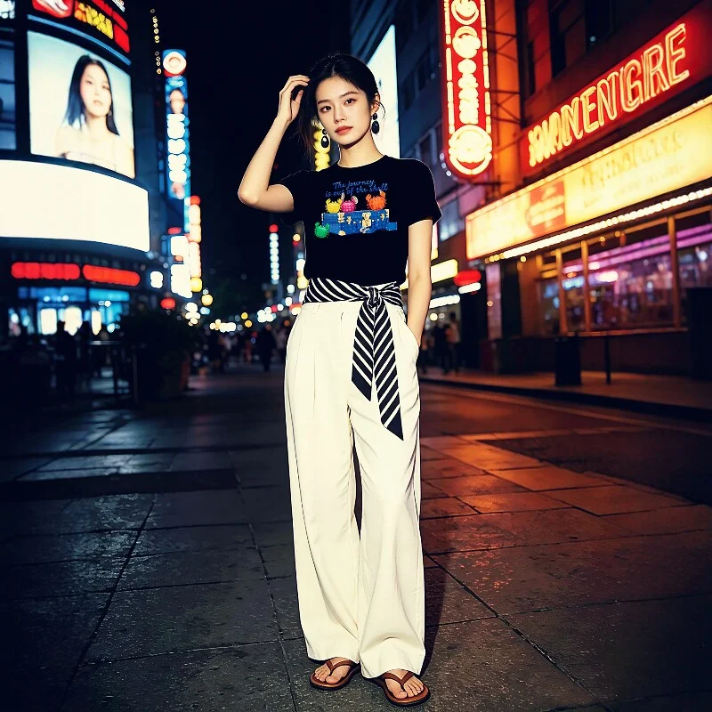 Chunyu Yinjia Original Brand American Style Crab Suitcase Print T-Shirt Women's European Goods Sweet Cool Hot Girl Style Short S