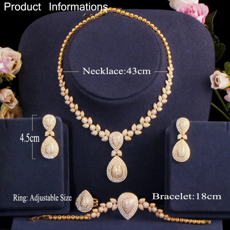 ThreeGraces 4pcs Vintage Cubic Zirconia African Dubai Gold Color Luxury Bridal Wedding Banquet Jewelry Set for Women T0939