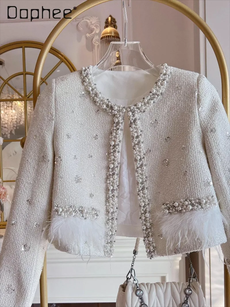 

Winter Socialite Elegant Quilted Thickened Short Coat Women Heavy Beading Rhinestone Feather Patchwork Round Neck Tweed Coat