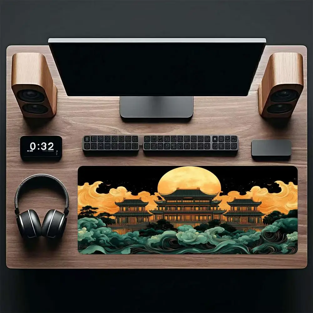 Mountain Water Pavilion Group  Desk Mat Green Landscape Style Premium Bound Edge Large Size Anti-Slip Keyboard Pad for Laptop
