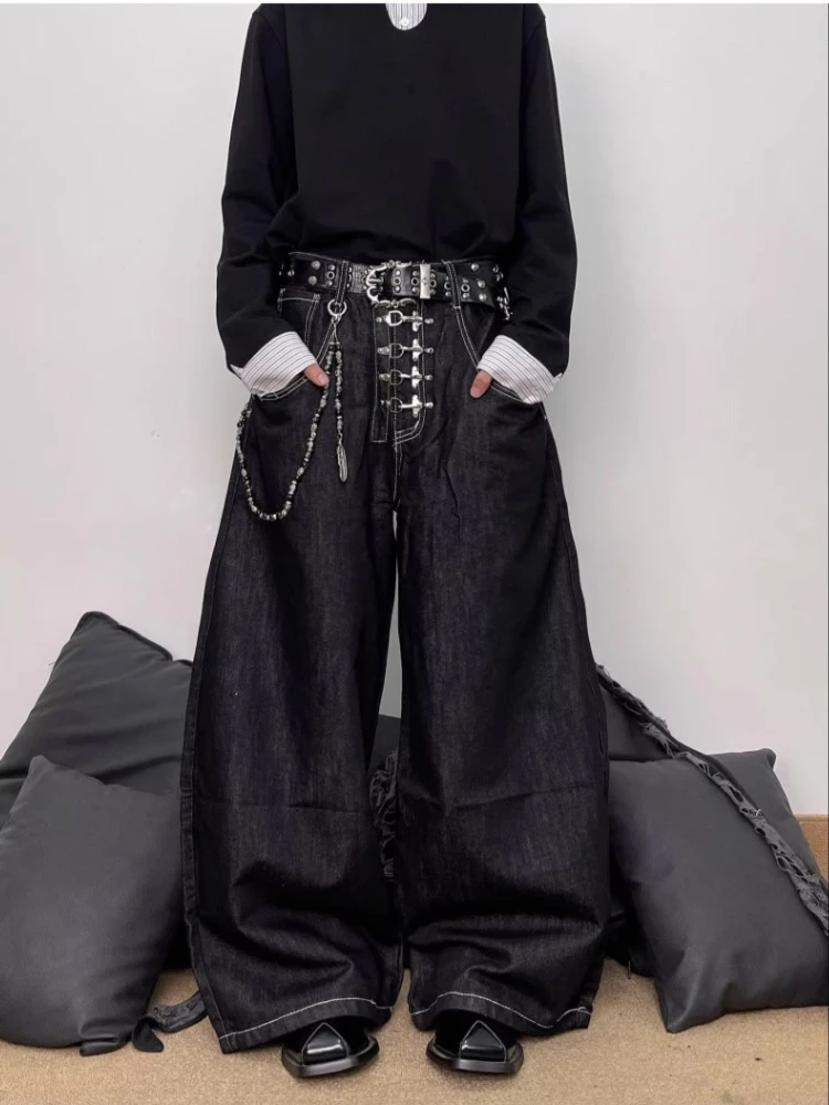 Women's Single Row Metal Buckle Design Black Wide Leg Jeans Street Unisex Style Pant Female High Waist Casual Denim Trousers