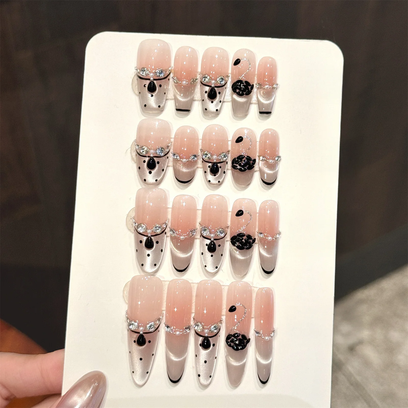 10-unidades-de-unhas-posticas-artesanais-com-design-de-bolinhas-pretas-e-decoracao-de-diamantes-estilo-frances-unhas-falsas-usaveis