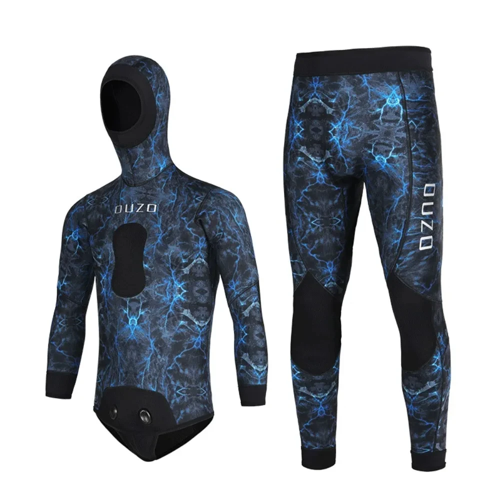 Traje de buceo de camuflaje con capucha para hombre, traje de neopreno de 5MM, traje de pesca de protección cálida para invierno, ropa de buceo de