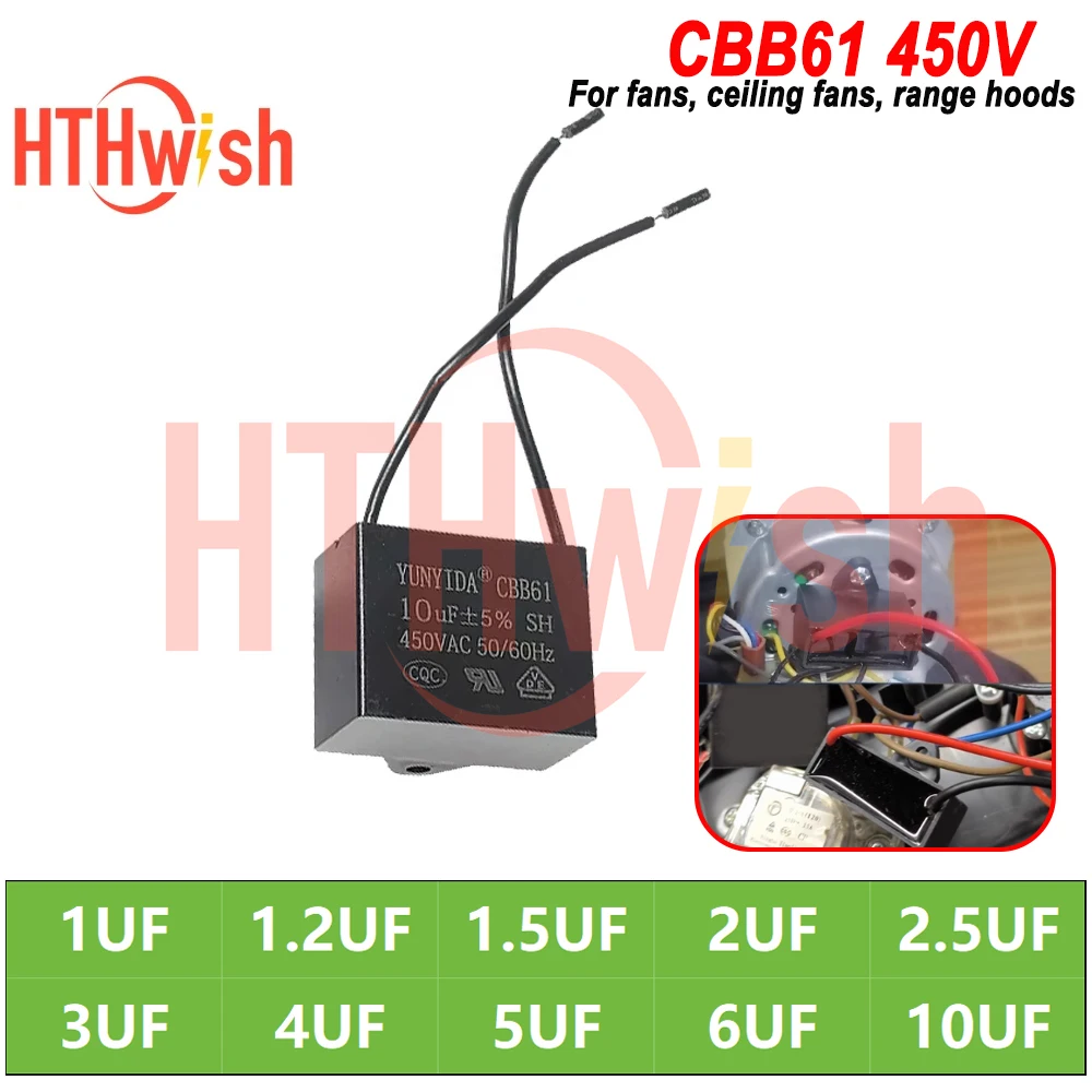 

2PCS High-Quality CBB61 Fan Capacitor 450V 5% 1UF 1.2UF 1.5UF 2UF 2.5UF 3UF 4UF 5UF 6UF 10UF for Fans, Ceiling Fans, Range Hoods