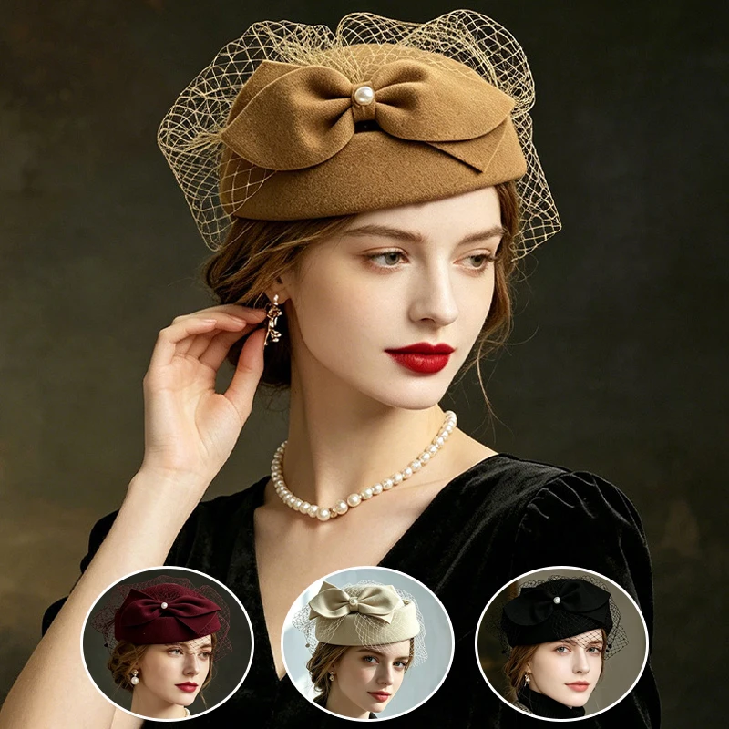 Vintage Fascinator Hat for Women Bow Pearl Mesh Pillbox Hat Elegant Wedding Party Tea Church Cocktail Formal Dress Headwear