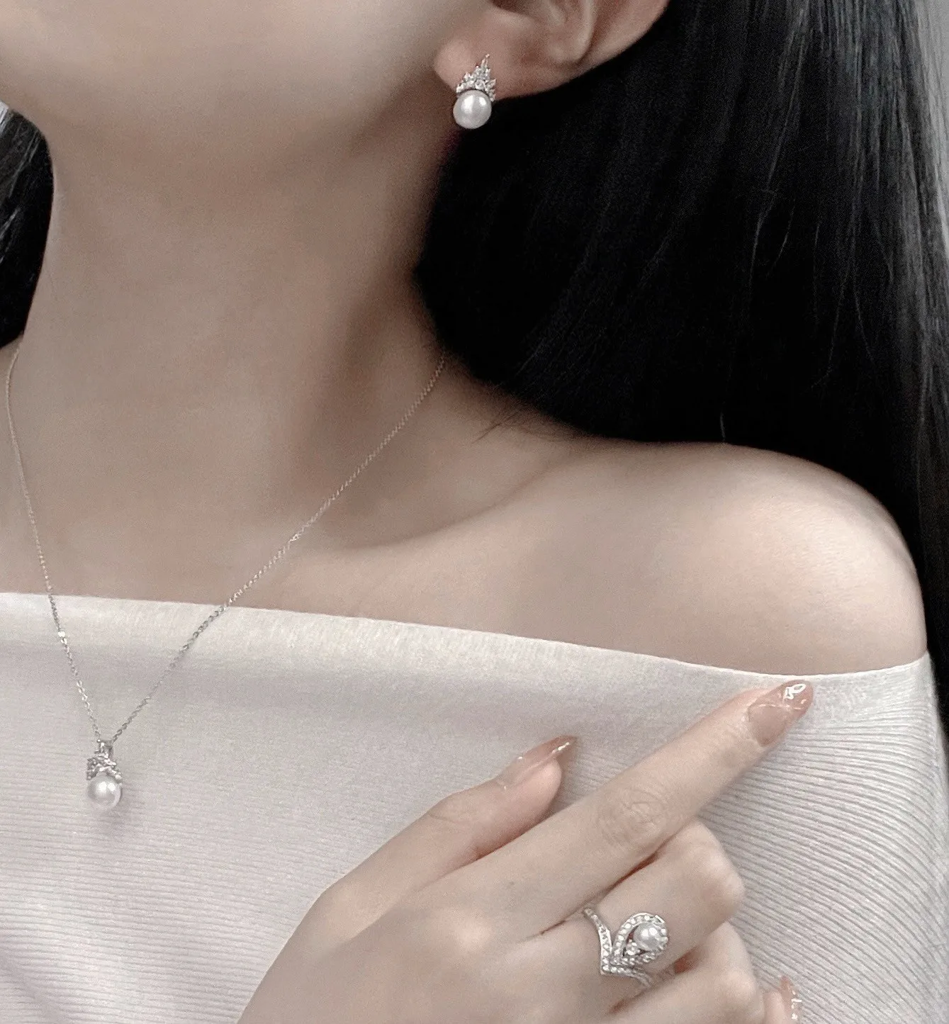 New Fashion Pearl Jewelry Set Natural Freshwater Pearl Necklace Earrings Ring 925 Sterling Silver Crown Design Jewelry For Women