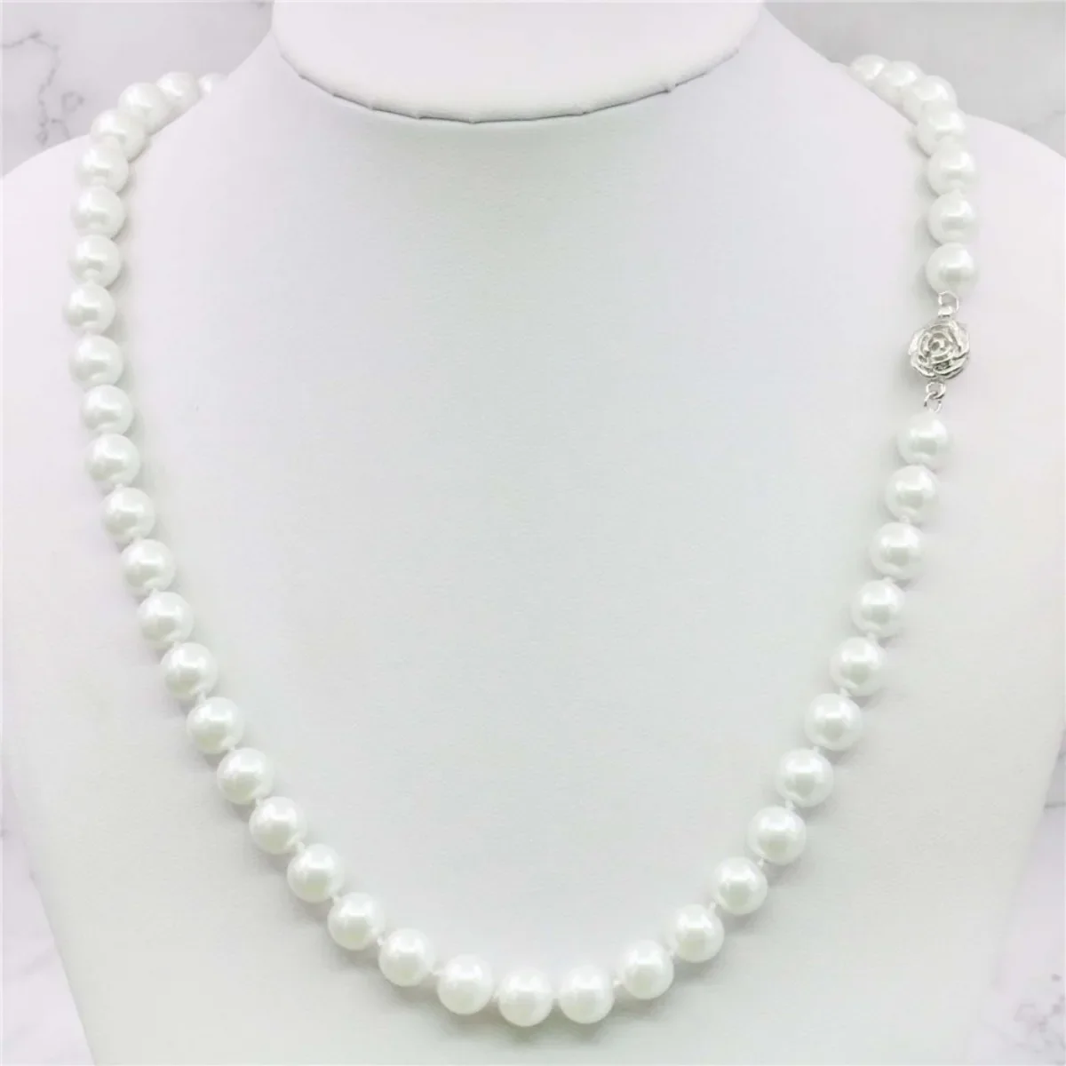 8mm Round White Akoya Shell Pearl Necklace Rose Clasp DIY Jewelry Making Rope Chain for Women Pearl Beads Natural Stone 18inch