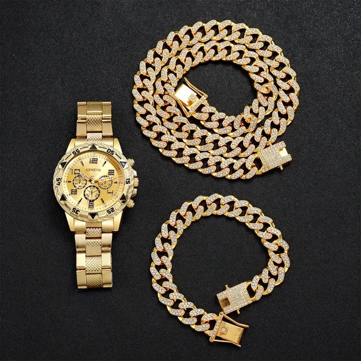 Business man's steel bracelet quartz watch and Cuban full-diamond necklace bracelet set - the best birthday gift for him