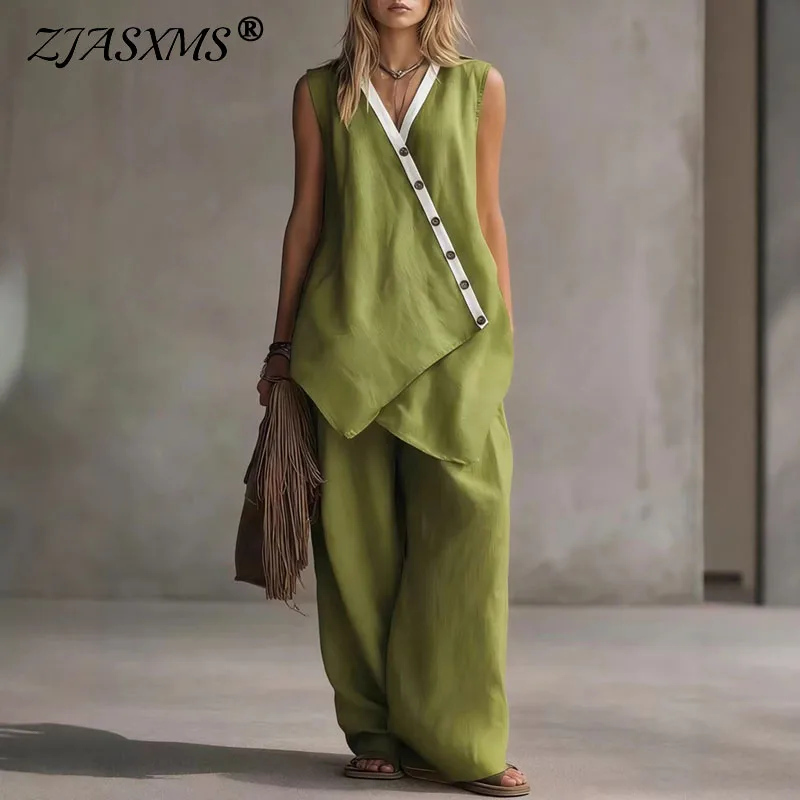 

Boho V Neck Irregular Button Vest Top & Wide Leg Pants Set Woman Spring Contrast Trim Casual Suit Summer Sleeveless Loose Outfit