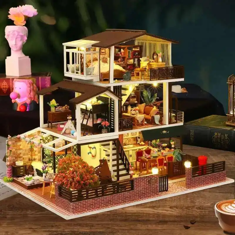 

DIY Wooden Romantic Big Casa Miniature Building Kits Bookend With Lights Assembled Bookshelf Home Decoration Friends Gifts