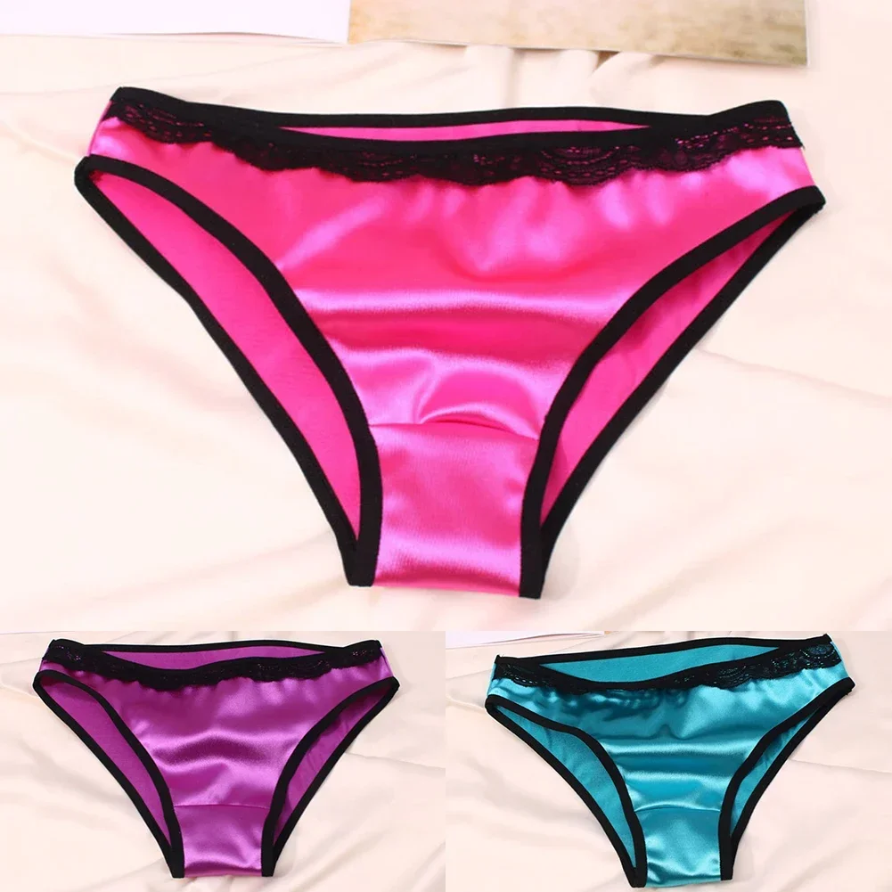 Women Sexy Satin Comfortable Briefs Silk Skin-friendly Underpants Low Waist Underwear Bikini Lace Side Breathable Panties