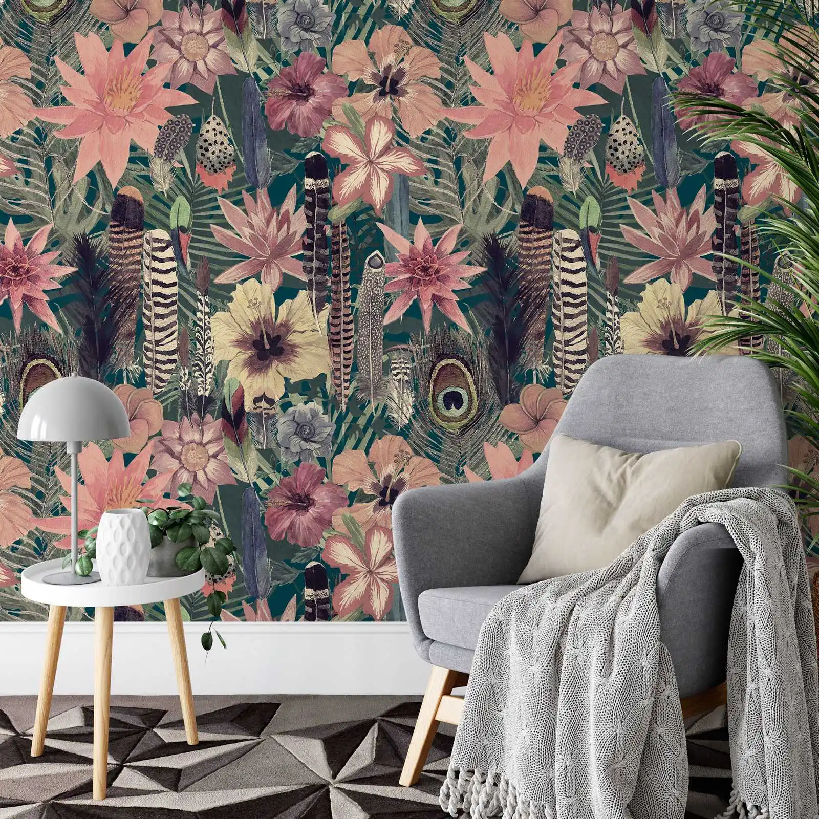 Feathers & Flowers Wallpaper Peel and Stick, Self Adhesive Or Traditional Non-woven Flower Wall Mural For Home Decor,Temporary