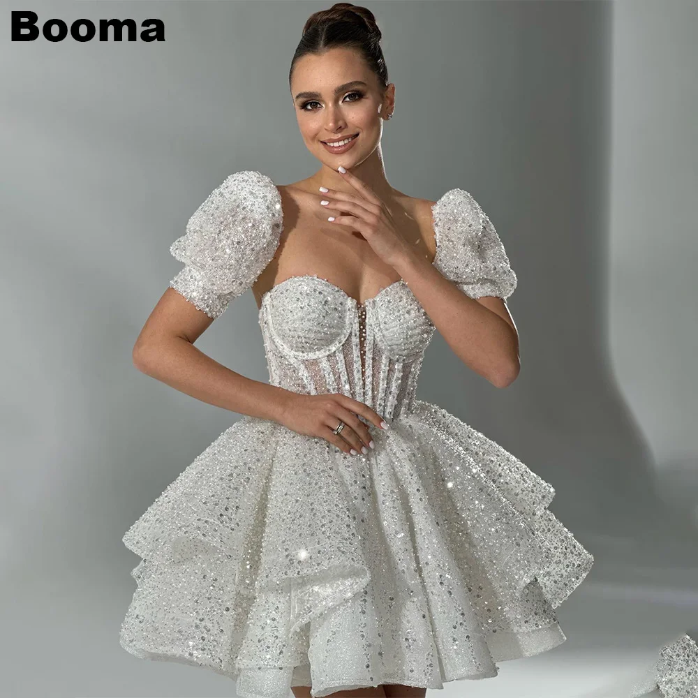 Booma-A Linha Branco Brilhante Mini Vestidos de Casamento com mangas destacáveis, Vestidos De Noiva, Espartilho Osso, Vestidos de Festa Noiva,