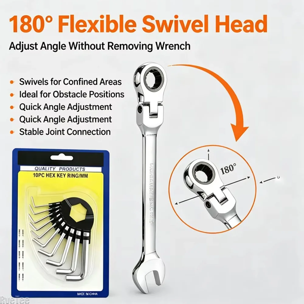 72‑Tooth 180° Rotatable Ratchet Wrench Hex Key Kit, Automotive Bicycle Mechanical Maintenance Tool