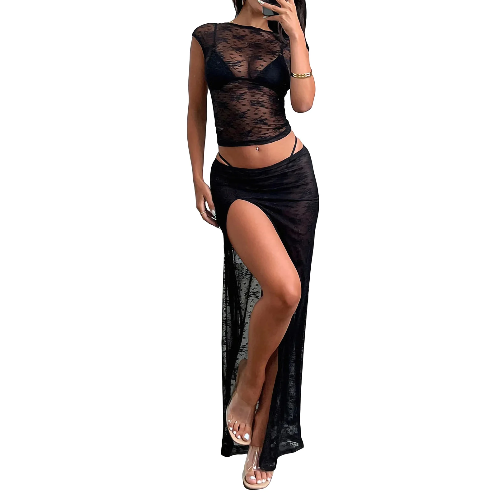 Women's Summer Skirt 2Pcs Suit, Sheer Jacquard Cap Sleeve Cropped Tops + Low Waist High Slit Long Skirt