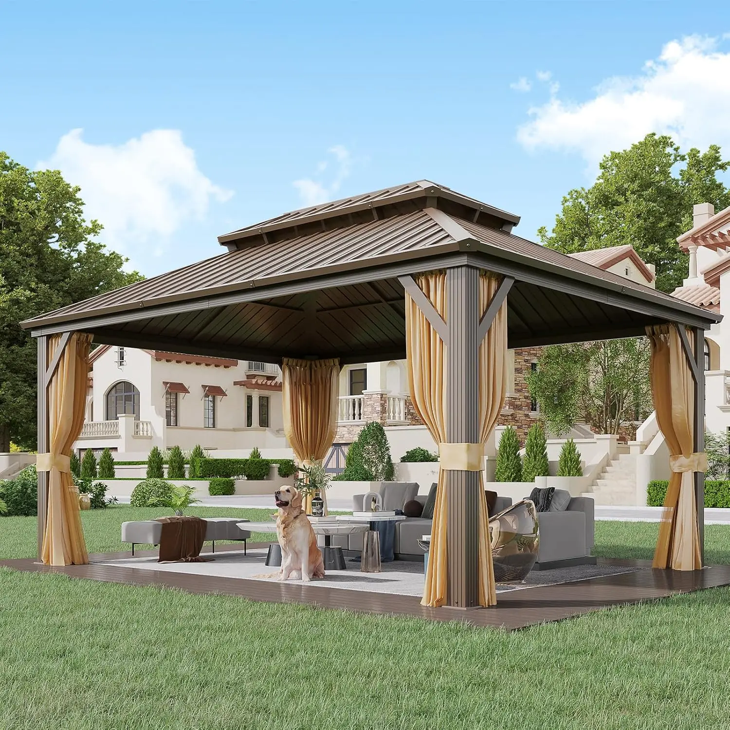 

12x16 Hardtop Gazebo Aluminum Frame Galvanized Steel Double Roof Curtain & Netting Outdoor Garden Lawn Deck Patio Custom