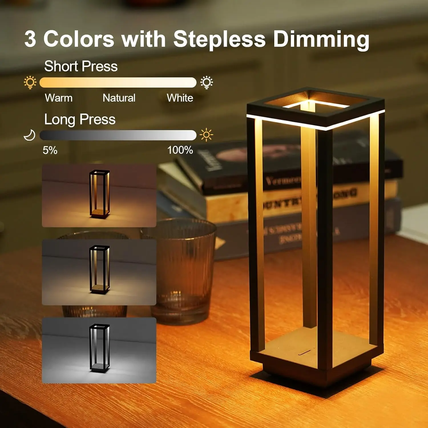 Rechargeable Cordless Table Lamp, IP55 Waterproof, 60h Runtime, 3 Color Stepless Dimming for Indoor/Outdoor Use view 2