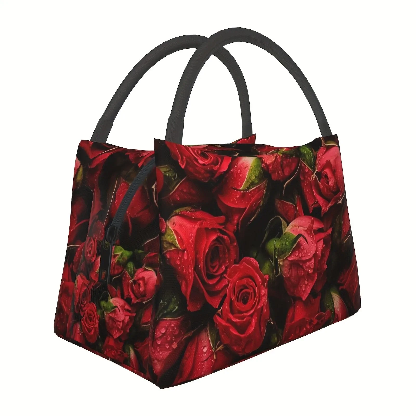 Red Rose Print Tote Bag Insulated Lunch Cooler Bag Reusable Portable for Office Travel Work